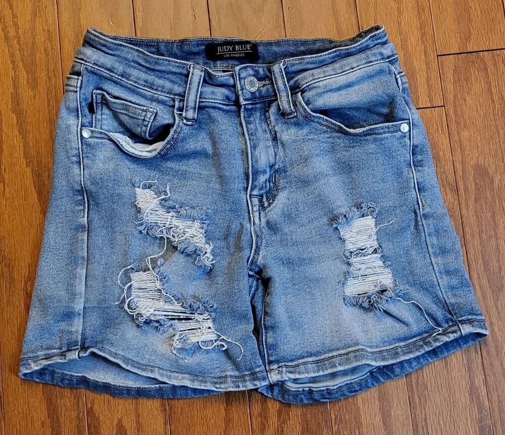 Judy Blue Mid-Rise Shorts Size Small Distressed Ripped Denim Shorts, Light Wash